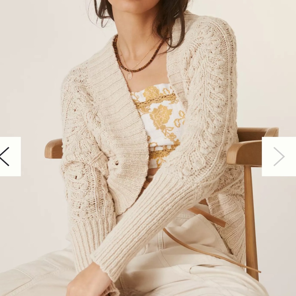 Anthropologie Women's Cream Crochet Knit Cardigan Sweater Open Front Boho